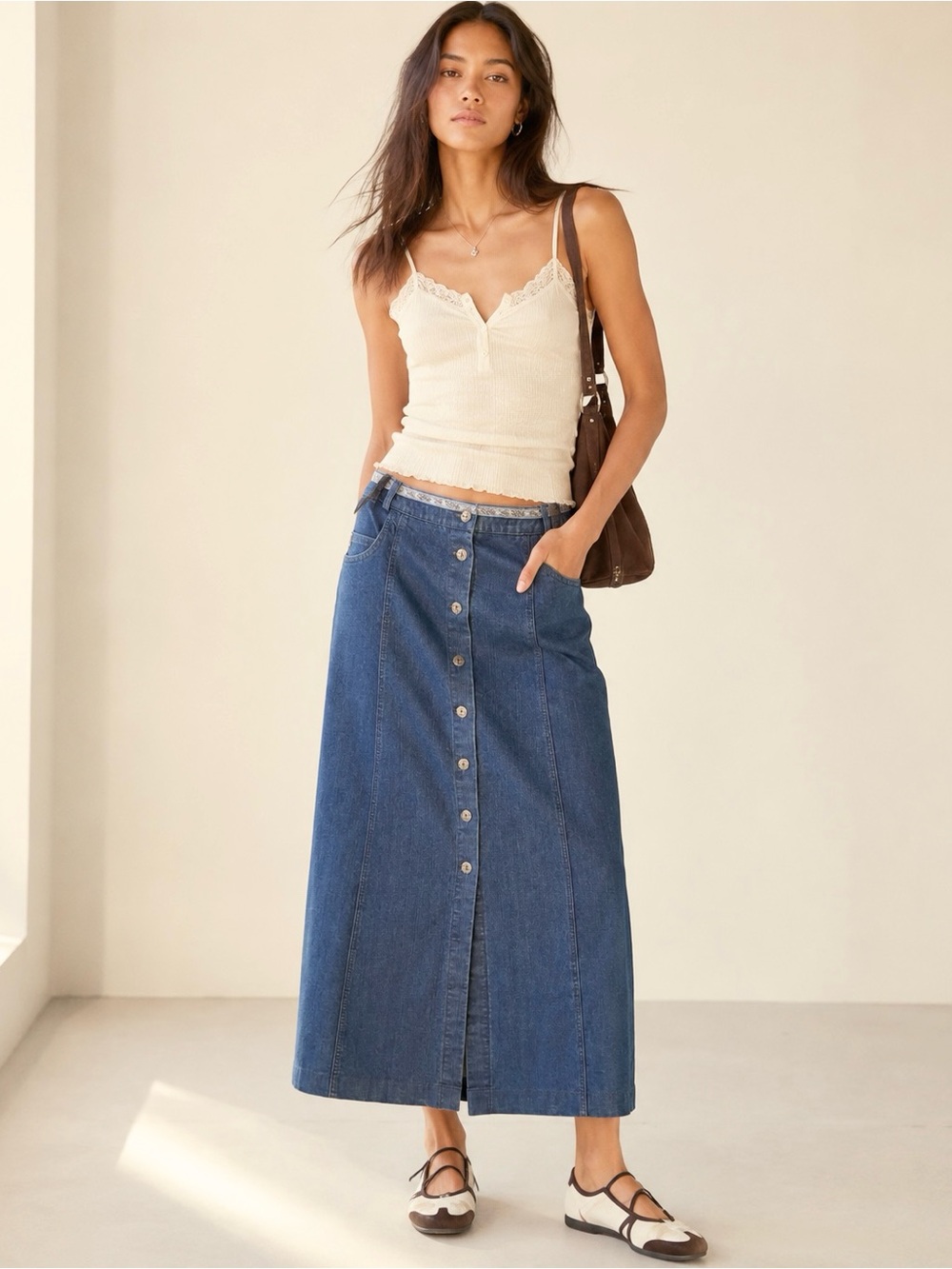 Vintage Y2K Denim Midi Skirt Dark Wash Button Front Ice Blue Ribbon Trim Sz 12